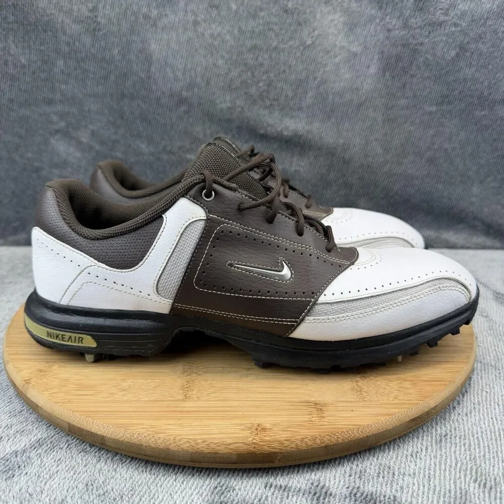 Nike Air Golf Shoes Mens Size 9.5 Brown White Leather Spiked Cleats 336050-102